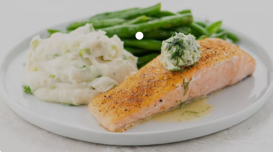 Seared Salmon with Sour cream,Garden Salad,Mashed Potato and Soup