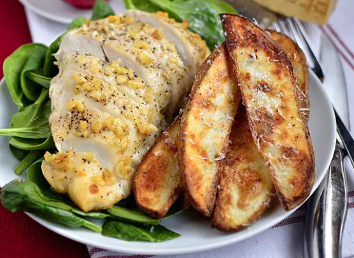 Grilled Breast Chicken in Creamy White Sauce,Fried Wedges Potato,Green Salad and Soup 